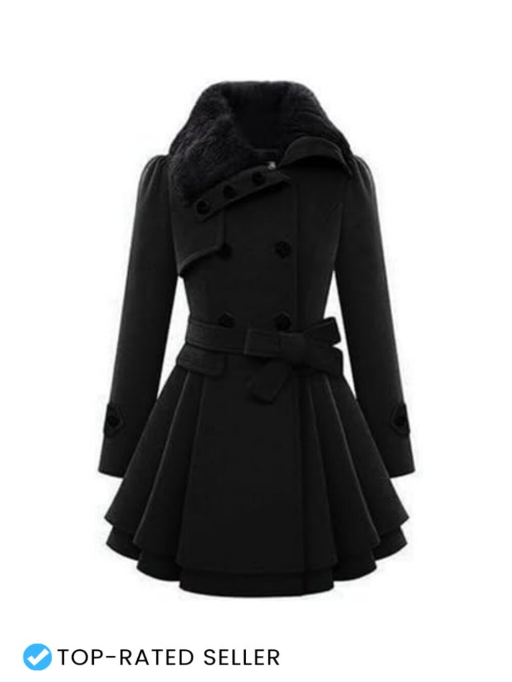 Faux Fur Collar Double Breasted Flare Trench Coat Tie Belt